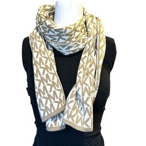 Michael Kors Women Scarf  MK Logo Gold tan Cream Reversible 9.5”W X 61” L